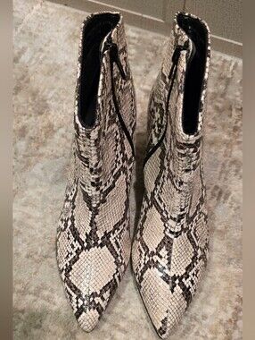 Worthington Snake-Print Pointed Toe Ankle Boots in Cream and Black